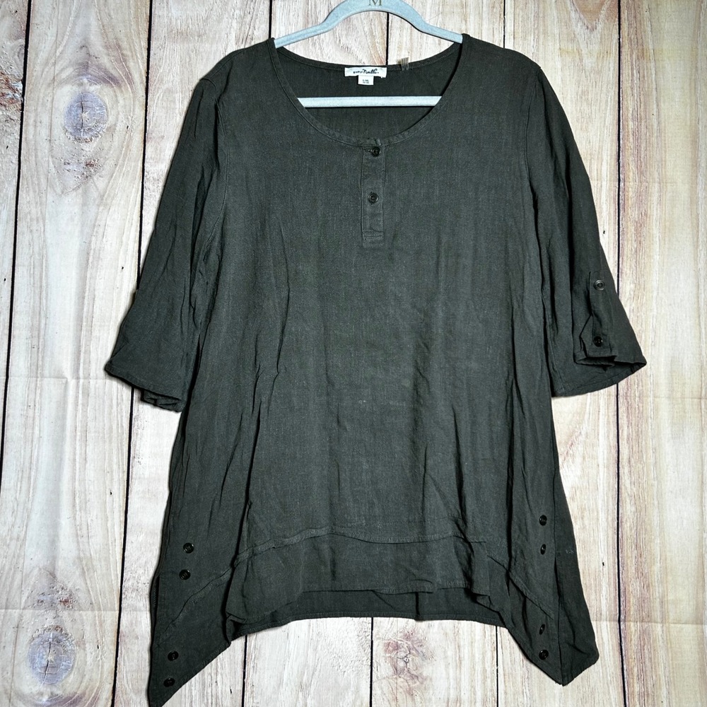 Simply Noelle Linen Tunic Women L/XL Green Blend‎ Henley Sharkbite Lagenlook
